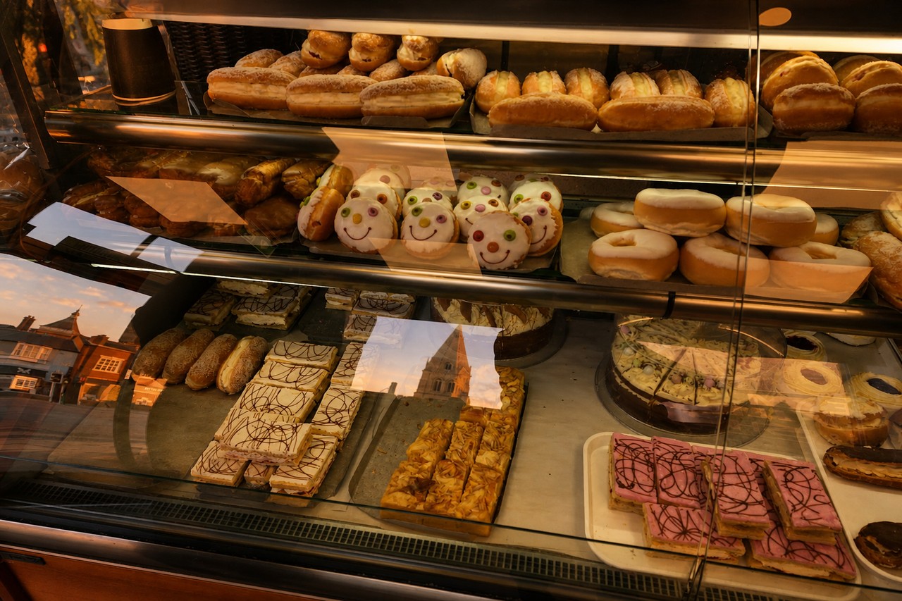 Glass display counter at Wesses Bakery showing iced ring doughnuts, smiley-face iced biscuits, vanilla slices and apple & almond slices, with chalkboard prices. Photo by Zen Cheung.
