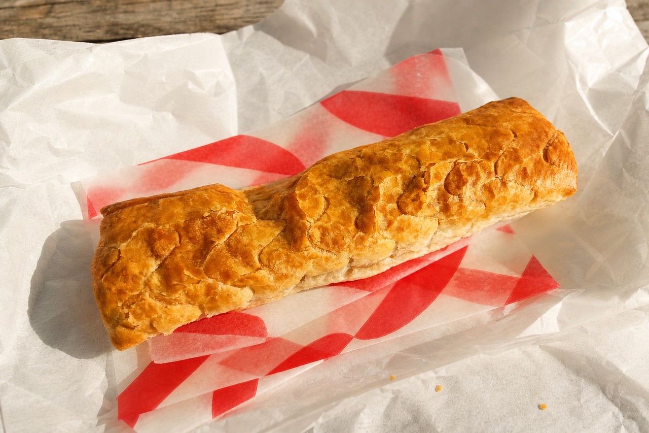 A golden, freshly baked sausage roll on red-and-white wax paper. Photo by Zen Cheung.