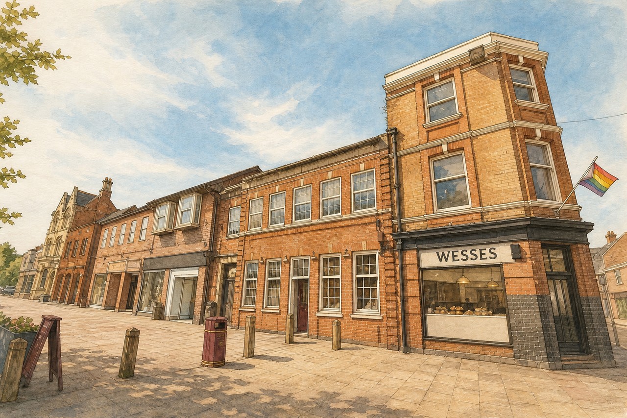 The Wesses Bakery shopfront on The Square in Market Harborough — black fascia with white &lsquo;WESSES&rsquo; lettering on a brick parade. Photo by Le Khai.